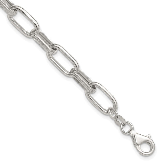 Sterling Silver Polished and Textured Oval Link 7 inch with 0.5 inch Extender Bracelet QG6809-7