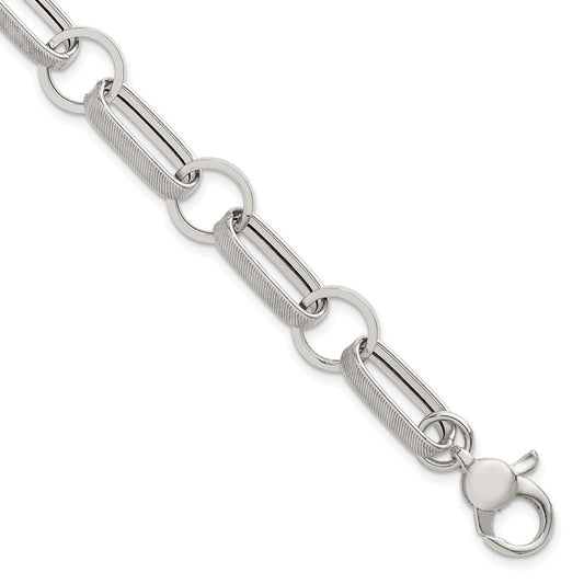 Sterling Silver Polished and Textured Oval and Round Link 7.5 inch with 1 inch Extender Bracelet QG6810-7.5