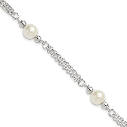 Sterling Silver Polished Double Strand with Glass Pearls 7.5 inch 3-Station Bracelet QG6827-7.5
