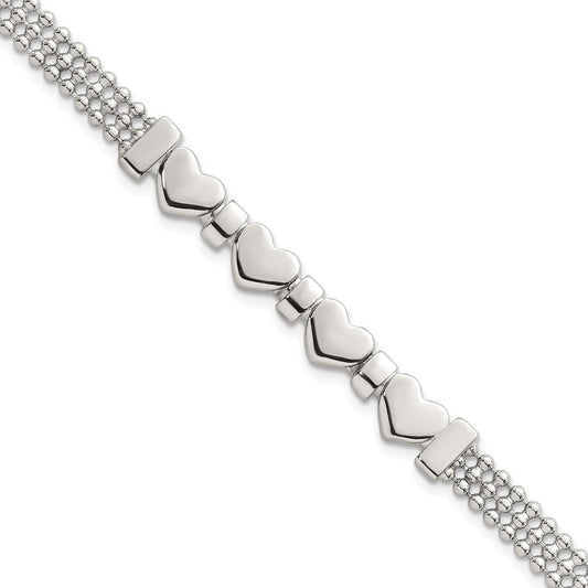 Sterling Silver Polished and Beaded 4-Hearts 7.25 Inch Bracelet QG6831-7.25