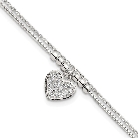 Sterling Silver Polished and Beaded with White CZ Heart Double Strand 7.5 inch Bracelet QG6833-7.5