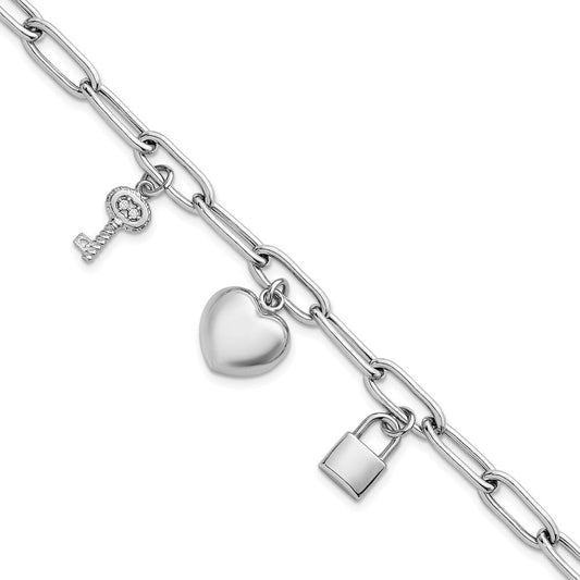 Sterling Silver Rhodium-plated Heart Lock and Key with CZ 7.5 inch Paperclip Chain Toggle Bracelet QG6834-7.5