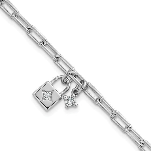 Sterling Silver Rhodium-plated Polished CZ and Lock 7 inch with 0.75 inch Extender Bracelet QG6835-7
