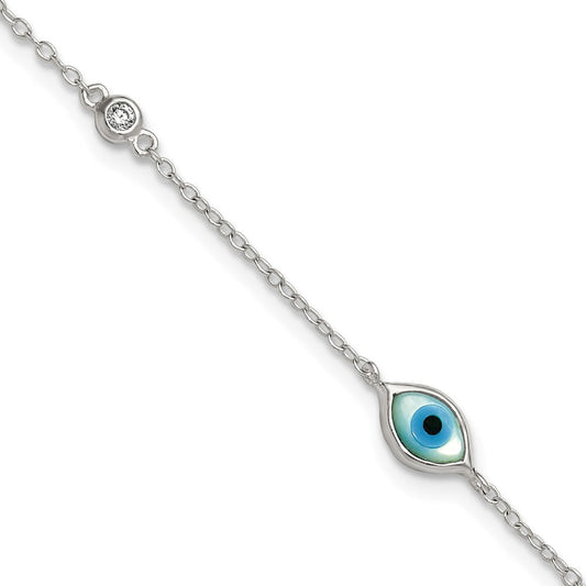 Sterling Silver Polished CZ and Mother of Pearl Evil Eye 6.75 Inch with 0.5 Inch Extension Bracelet QG6839-6.75