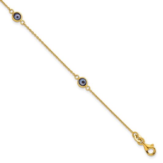 Sterling Silver Gold -tone Polished and Glass Evil Eye 7.25 inch Bracelet QG6840GP-7.25