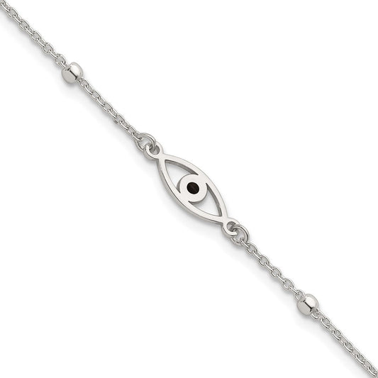 Sterling Silver Polished Beaded Black Enamel Evil Eye 7 inch with 1 inch Extension Bracelet QG6841-7