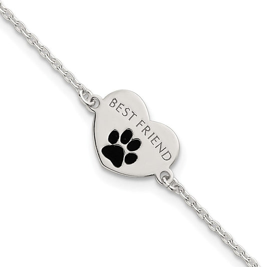 Sterling Silver Polished Black Enamel Pawprint Heart BEST FRIEND 7.5 inch Bracelet QG6847-7.5