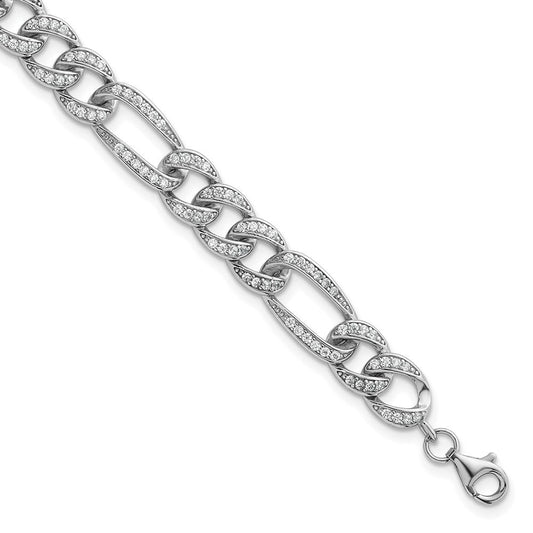 Sterling Silver Rhodium-plated Polished CZ 8.5mm Figaro Link 7 Inch with 1.5 Inch Extension Bracelet QG6868-7