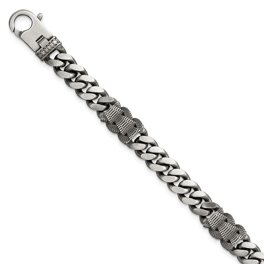 Sterling Silver Black Ruthenium-plated Brushed and Textured Fancy Flat Curb Chain Mens 8.5 inch Bracelet QG6917-8.5