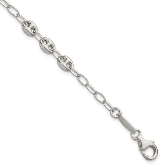 Sterling Silver Puffed Anchor/Mariner Link and Chain 8 inch Bracelet QG6922-8