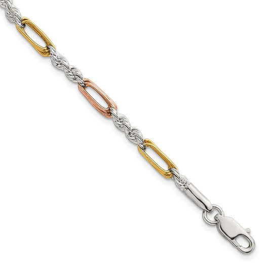 Sterling Silver Rose-tone and Gold-tone Polished 4.0mm Figaro Rope 7.5 Inch Bracelet QG6924-7.5