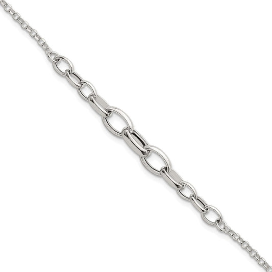 Sterling Silver Polished Fancy Graduated Cable Link 7 Inch with 1 Inch Extension Bracelet QG6935-7