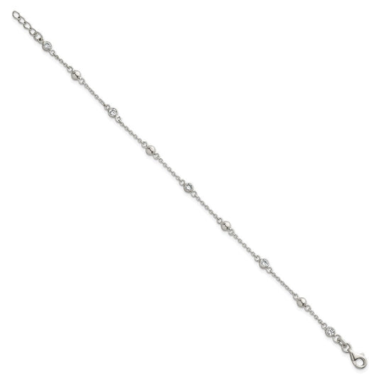 Sterling Silver Polished and Beaded CZ 6.75 inch with 0.5 inch Extension Bracelet QG6941-7