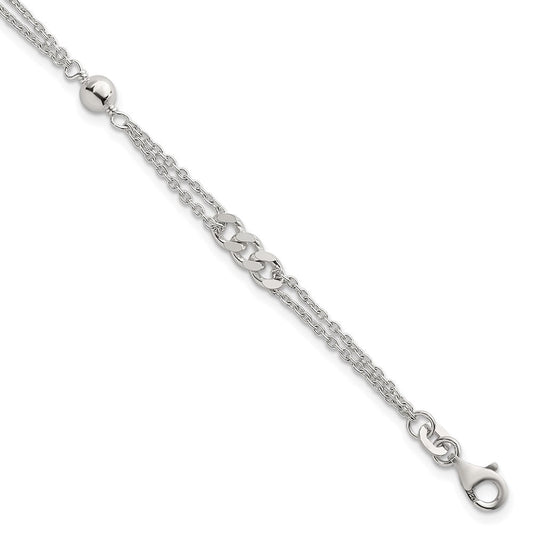 Sterling Silver Polished and Beaded Fancy Double-Strand Link 7.25 inch Bracelet QG6942-7.25