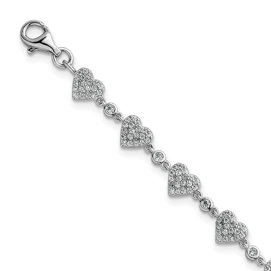 Sterling Silver Rhodium-plated Polished Pave CZ Hearts 7 Inch with 1 Inch Extension Bracelet QG6956-7