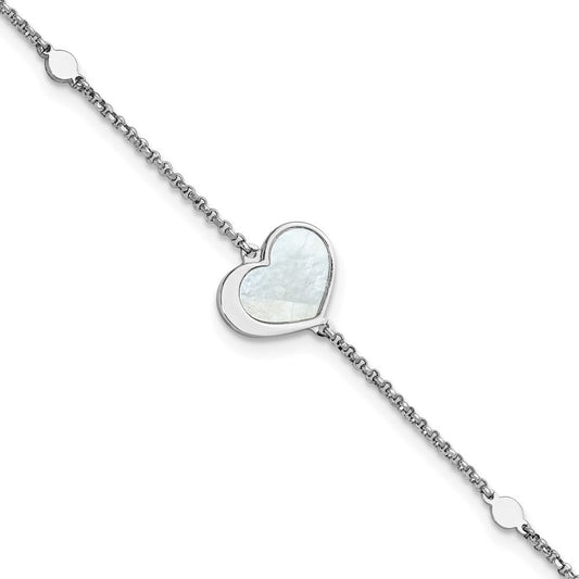 Sterling Silver Rhodium-plated Mother of Pearl Heart 6.5 inch with 1 inch extension Bracelet QG6963-6.5