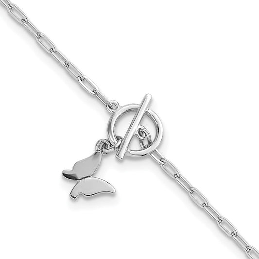 Sterling Silver Rhodium-plated Polished Butterfly Dangle Paperclip Link 6.5 Inch with 1 Inch Extension Bracelet QG6971-6.5