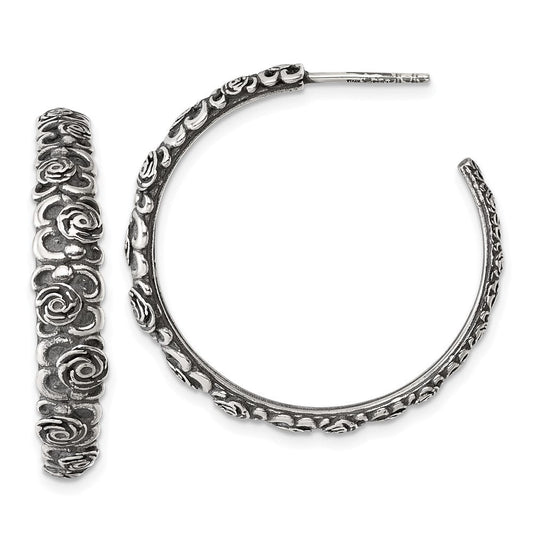 QG6975E Sterling Silver Antiqued Graduated Floral 5.75 x 32mm C-Hoop Post Earrings