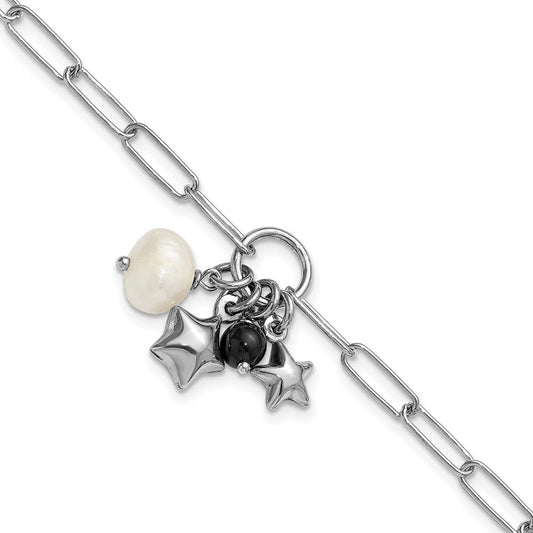 Sterling Silver Rhodium-plated Stars and White Freshwater Cultured Pearl and Black Acrylic Bead 6.75 inch with 1 inch Extender Paperclip Bracelet QG6977-6.75