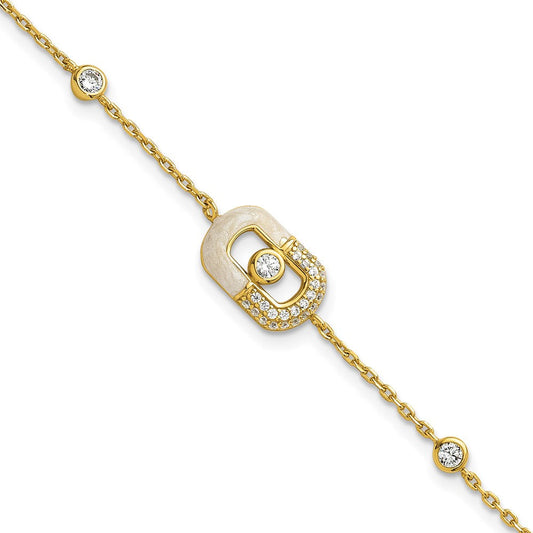 Sterling Silver Gold-tone CZ and Champagne Enamel Rectangle 7 inch with 0.5 inch Extension Bracelet QG6979GP-7