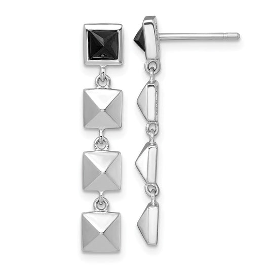 QG6981E Sterling Silver Rhodium-plated Polished Black CZ and Pyramid Squares Dangle Post Earrings