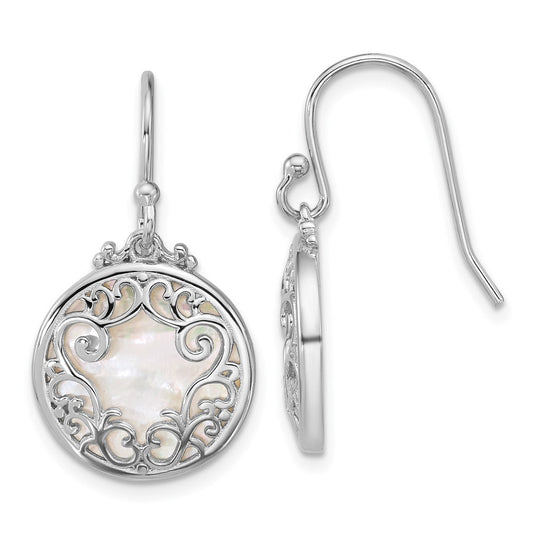 QG6985E Sterling Silver Rhodium-plated Polished Filigree Mother of Pearl Filigree Circle Dangle Earrings