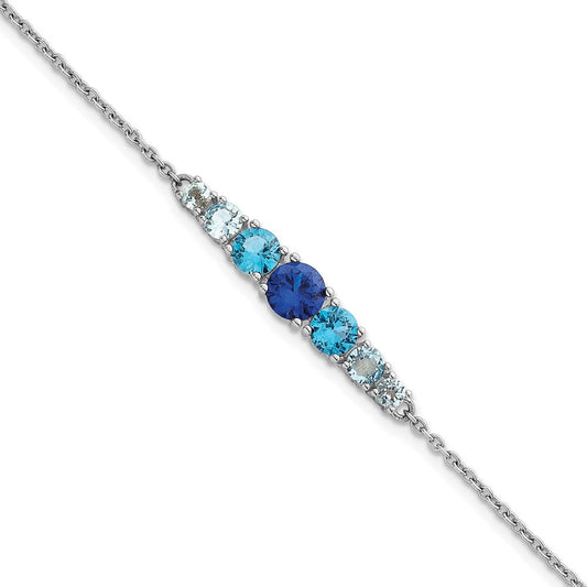 Sterling Silver Rhodium-plated Polished Lab Created Spinel/Lab Created Aquamarine/CZ 7 Inch with 1 Inch Extension Bracelet QG6987-7