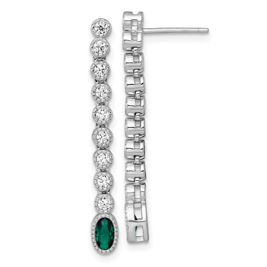 QG6998E Sterling Silver Rhodium-plated Polished and Beaded Oval Green and Round White CZ Dangle Post Earrings