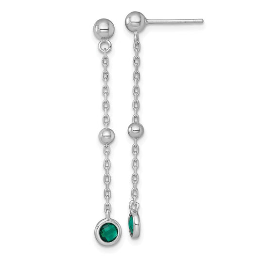 QG7008E Sterling Silver Rhodium-plated Polished Bezel-set Round Green CZ Dangle Post Earrings