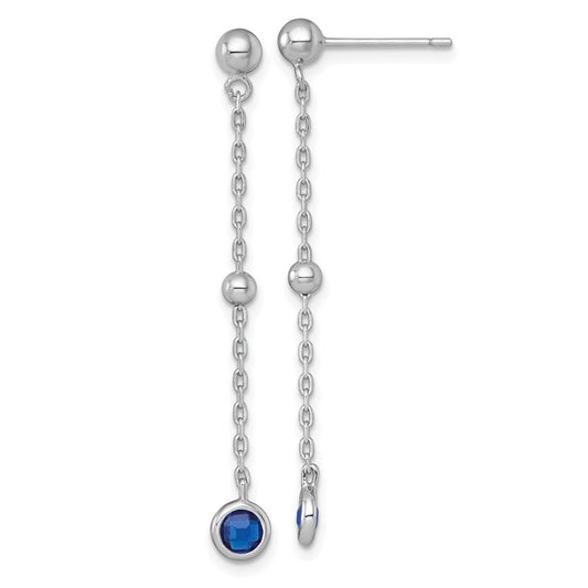 QG7009E Sterling Silver Rhodium-plated Polished Bezel-set Round Blue CZ Dangle Post Earrings