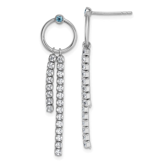 QG7108E Sterling Silver Rhodium-plated Blue and White CZ Circle with 2 Drops Dangle Post Earrings
