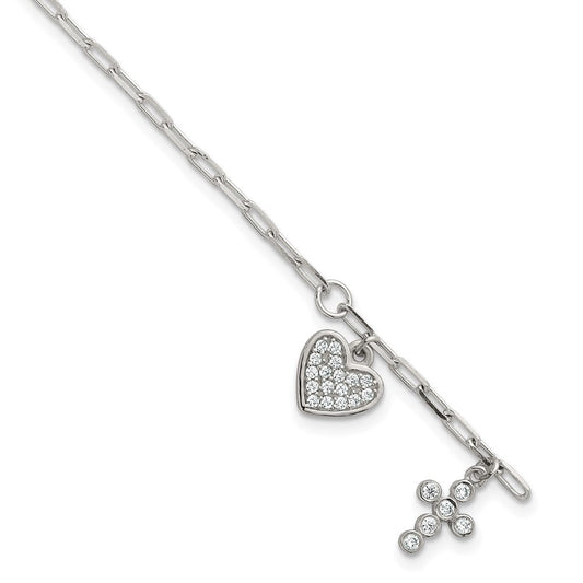 Sterling Silver Polished White CZ Heart and Cross Charms 7 inch with 1 inch Extension Bracelet QG7123-7