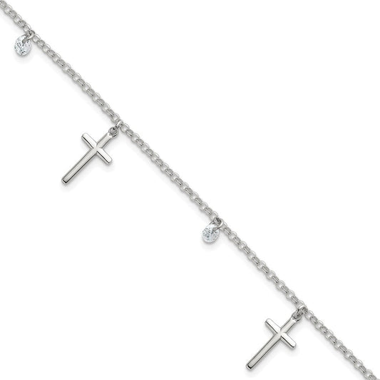 Sterling Silver Polished White CZ Dangles and Cross Charm 7.5 inch Bracelet QG7125-7.5