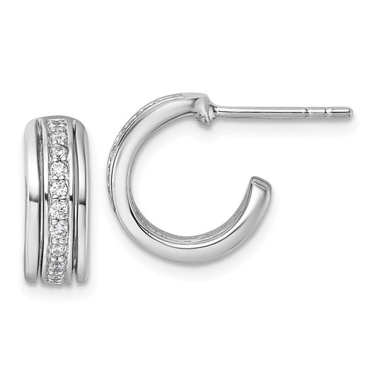 QG7155E Sterling Silver Rhodium-plated Polished White CZ J-Hoop Post Earrings