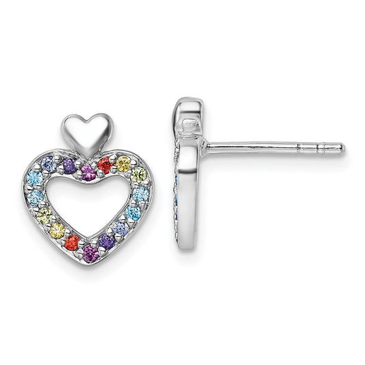 QG7202E Sterling Silver Rhodium-plated Polished Rainbow CZ Double Heart Post Earrings