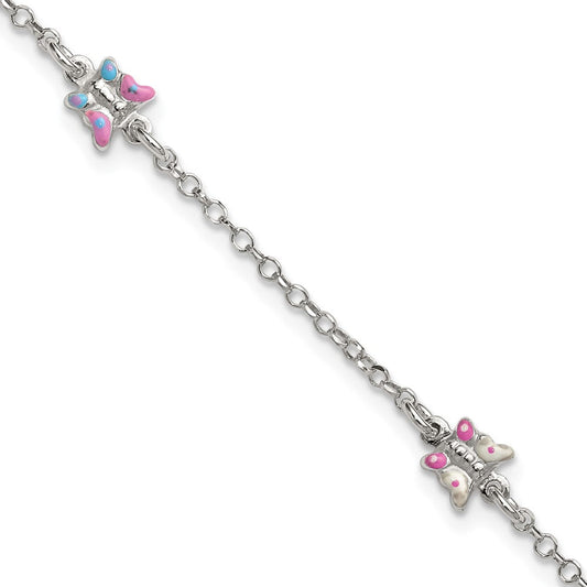 Sterling Silver Polished Pink/Purple/White/Blue Enameled Butterfly 6 inch with 1 inch extension Childrens Bracelet QG7254-6