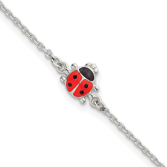 Sterling Silver Polished Red and Black Enameled Ladybug Childrens 5.5 inch with 1 inch Extension Bracelet QG7279-5.5