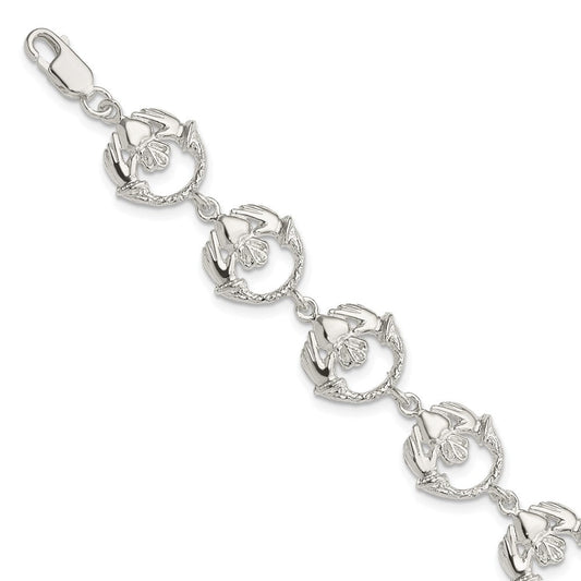 Sterling Silver Polished and Textured Claddagh Link 7 inch Bracelet QG880-7