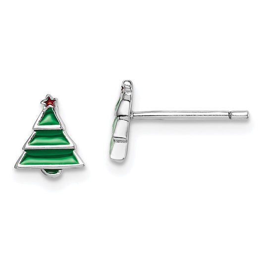 QGK186 Sterling Silver Madi K Rhodium-plated Polished Green & Red Enameled Christmas Tree Children's Post Earrings
