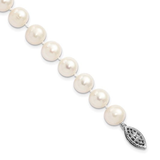 Sterling Silver Rhodium-plated 8-9mm White Near-Round Freshwater Cultured Pearl 7.25 inch Bracelet QH4728-7.25
