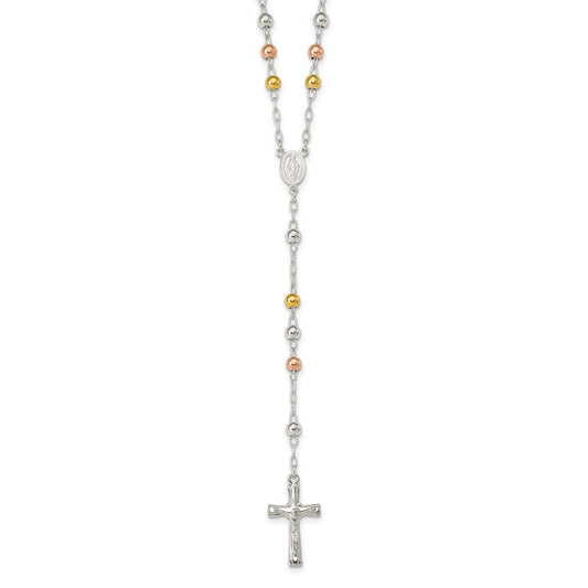 Sterling Silver Polished Rosary Tri-color Beads Necklace QH4987