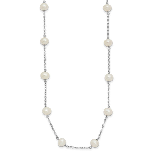Sterling Silver Rhodium-plated 6-7mm White Near-Round Freshwater Cultured Pearl 14-Station 18 inch NecklaceQH5003