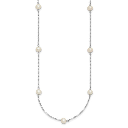 Sterling Silver Rhodium-plated 5-6mm White Near-Round Freshwater Cultured Pearl 9-Station 18 inch NecklaceQH5005