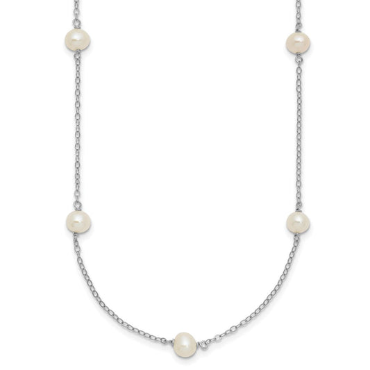 Sterling Silver Rhodium-plated 5-6mm White Near-Round Freshwater Cultured Pearl 8-Station 16 inch NecklaceQH5005