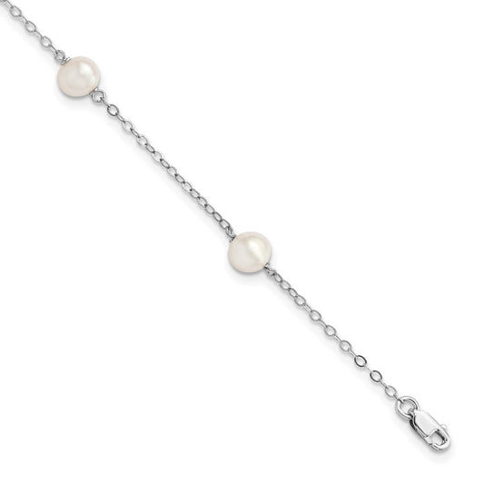 Sterling Silver Rhodium-plated 5-6mm White Freshwater Cultured Pearl 3-Stations 5.5 inch with 1 inch Extension Bracelet QH5011-5.5