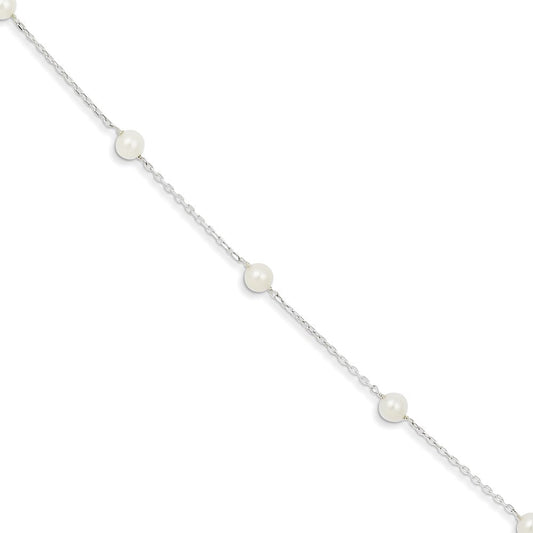 Sterling Silver Rhodium-plated 5-6mm White Freshwater Cultured Pearl 3-Stations 7.5 inch Bracelet QH5011-5.5
