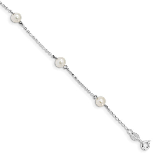 Sterling Silver Rhodium-plated 5-6mm White Round Freshwater Cultured Pearl 5-Station 7 inch Bracelet QH5013-5