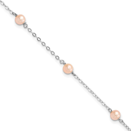 Sterling Silver Rhodium-plated 4-5mm Pink Semi-Round Freshwater Cultured Pearl 3-Station 5 inch with 1 inch Extension Children's Bracelet QH5029-5