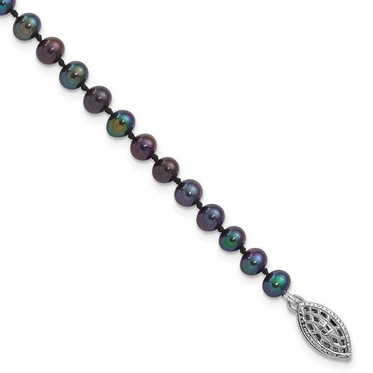 Sterling Silver Rhodium-plated 4-5mm Black Near-Round Freshwater Cultured Pearl 7.25 inch Bracelet QH5152-7.25