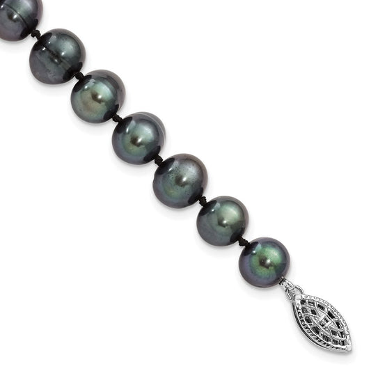 Sterling Silver Rhodium-plated 8-9mm Black Near-Round Freshwater Cultured Pearl 7.25 inch Bracelet QH5156-7.25